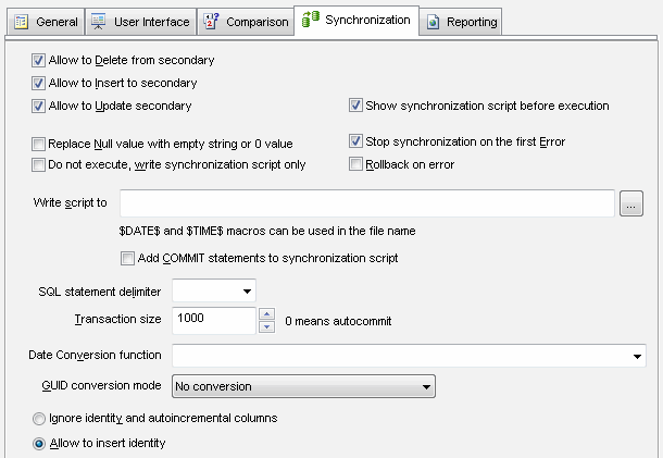 DTM Data Comparer: Synchronization settings page