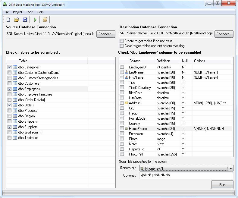 DTM Data Masking Tool, main window: tables, columns, generators