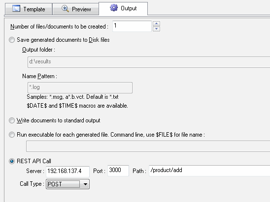 DTM File Factory output options: file, external executable, web-service, text output