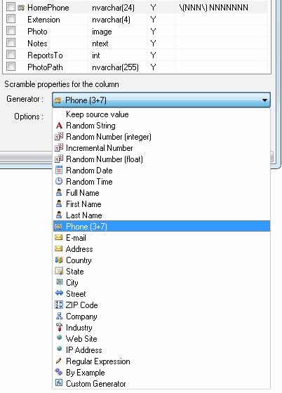 DTM Data Masking Tool, data generator selection for the column to be scrambled