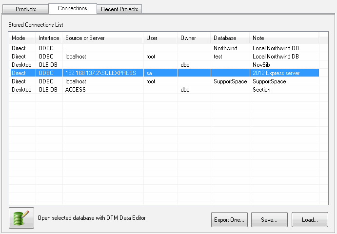 DTM Dashboard: stored connection list