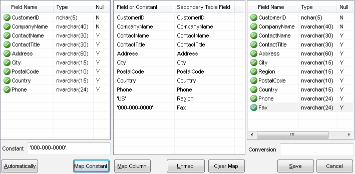 DTM Data Comparer: data column mapped to constant value
