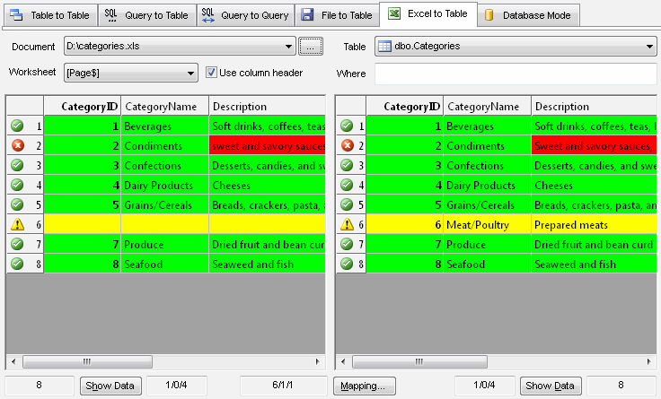 DTM Data Comparer: Excel to table comparison mode