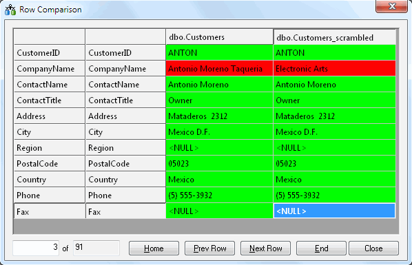 DTM Data Comparer: Face to Face Row Comparison window