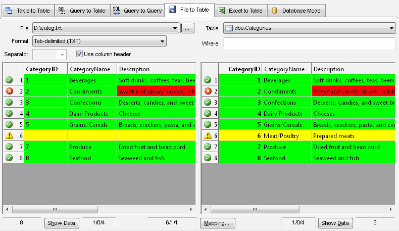 DTM Data Comparer: file to table comparison mode