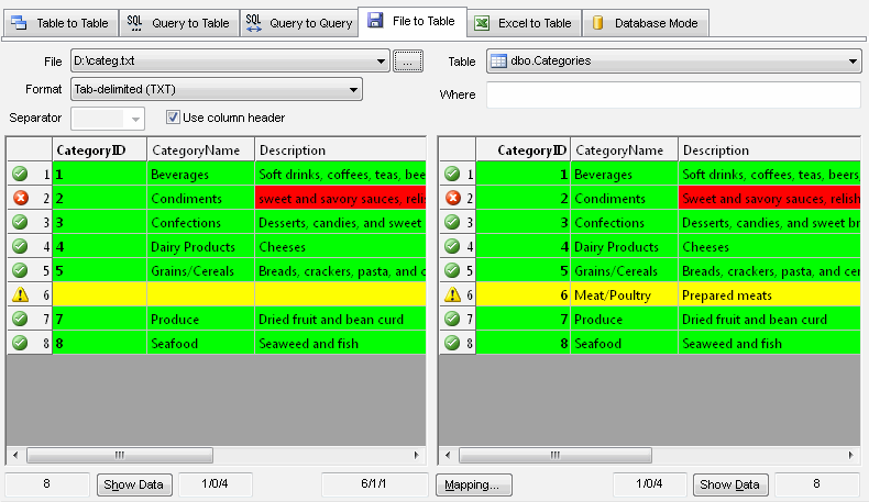 DTM Data Comparer: text file to table comparison mode