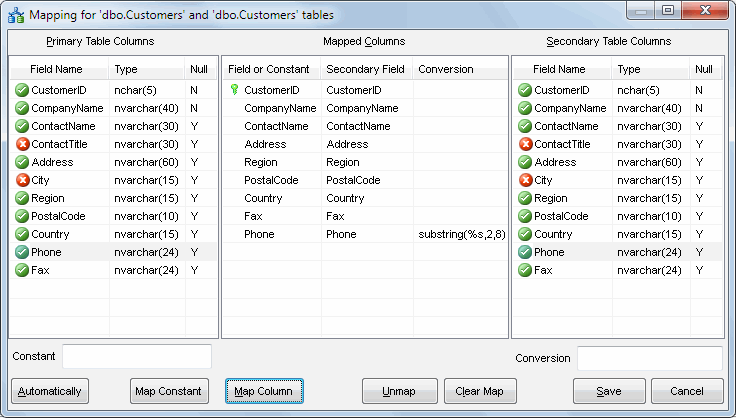 DTM Data Comparer: Columns mapping