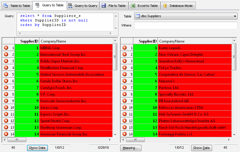DTM Data Comparer: query to table comparison mode