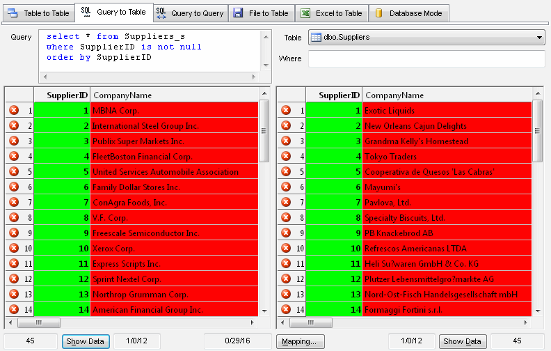 DTM Data Comparer: database query to table comparison mode