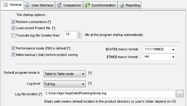 DTM Data Comparer: General settings page