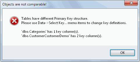 DTM Data Comparer: primary key compatibility warning