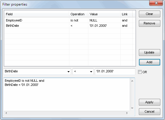 DTM Data Editor: table filter