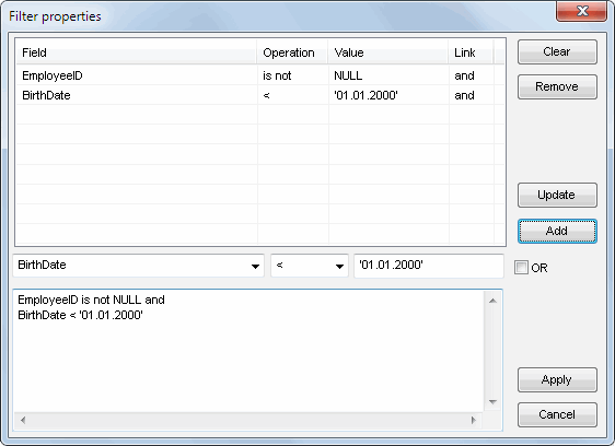 DTM Data Editor: Records filter dialog