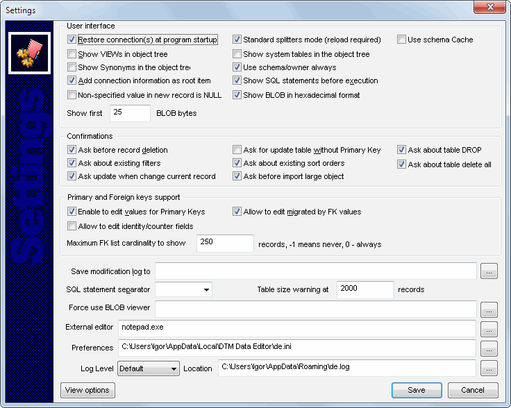 DTM Data Editor: product settings