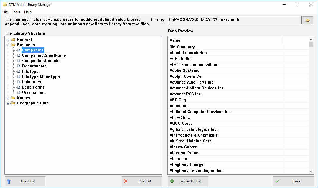 DTM Data Generator: Value Library Manager