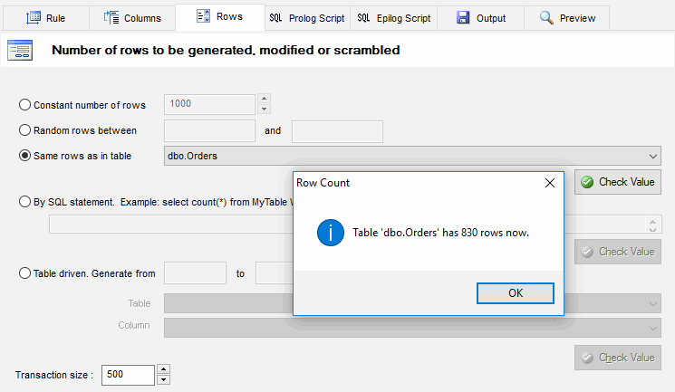 DTM Data Generator: Row count management panel