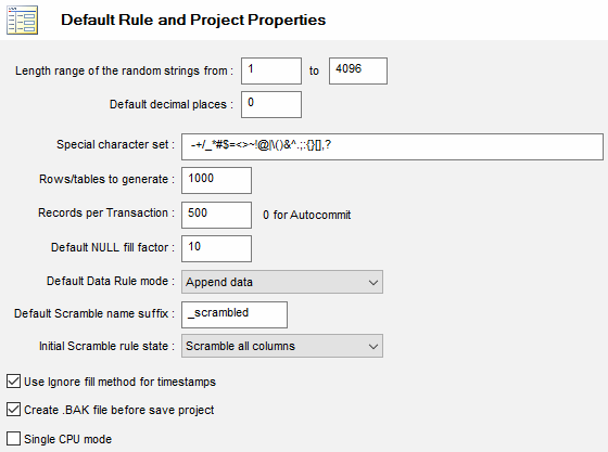 DTM Data Generator: Rule and Project Settings Window