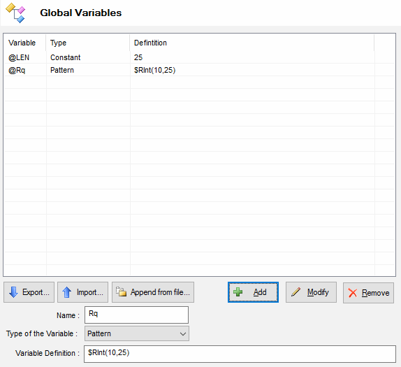 DTM Data Generator, variable definition