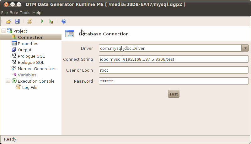 DTM Data Generator Runtime (Multiplatform Edition): connect window