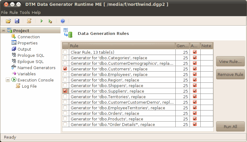 DTM Data Generator Runtime for Unix, Linux and Mac OS: main window, list of the rules