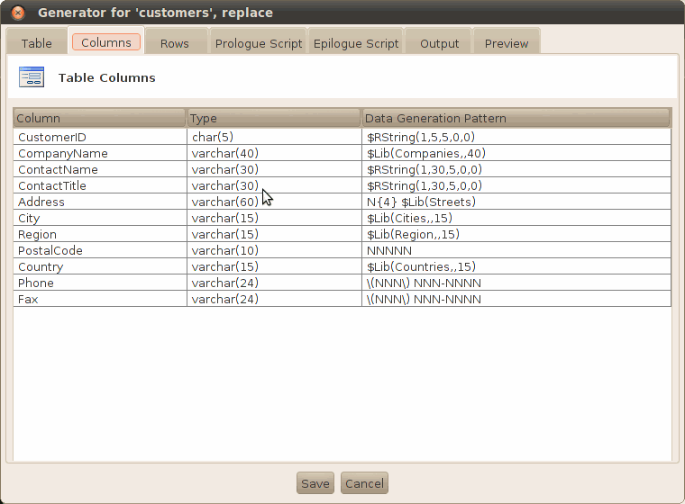 DTM Data Generator Runtime (Multiplatform Edition), rule editor: column list