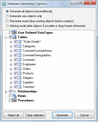 DTM Data Modeler: Object Selection