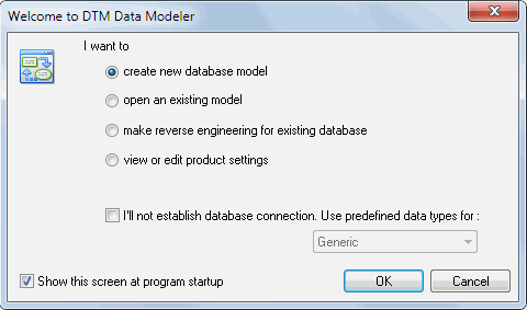 DTM Data Modeler welcome screen