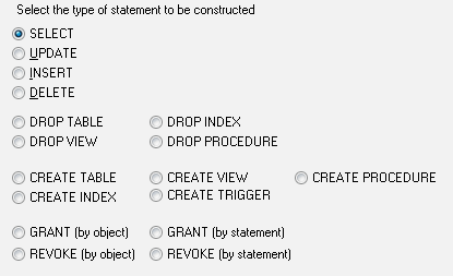 DTM SQL editor: SQL builder - type of SQL statement selection