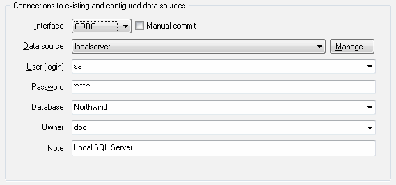 DTM SQL editor: database connection