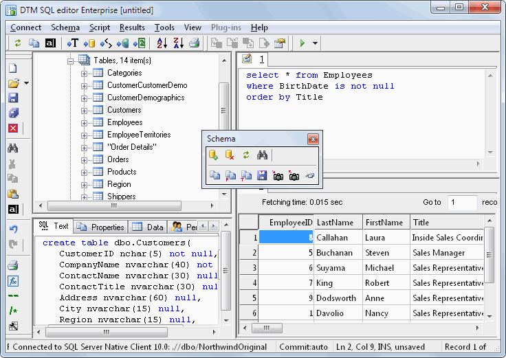 DTM SQL editor: toolbars and main window panels