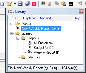 DTM SQL editor: SQL library access menu