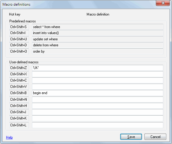 DTM SQL editor: Macro Definitions