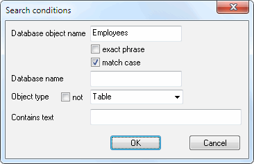 DTM SQL editor: database object search settings window