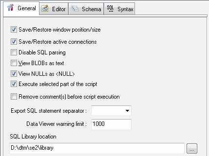DTM SQL editor: general settings window