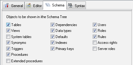 DTM SQL editor: database schema settings window