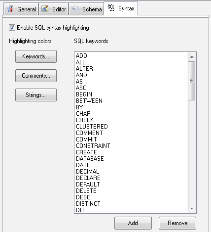DTM SQL editor: syntax highlighting settings