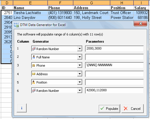 DTM Data Generator for Excel: add-in user interface