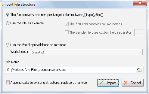 DTM Data Generator for Excel: import file structure window