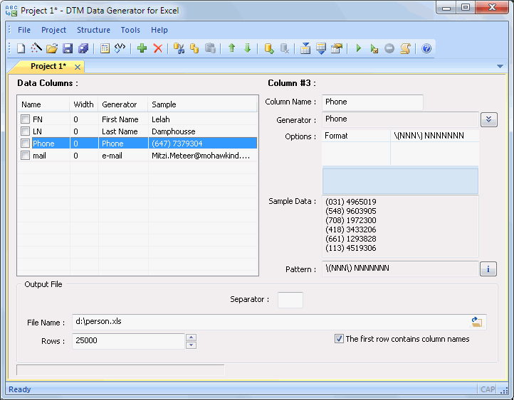 DTM Data Generator for Excel: main window