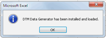DTM Data Generator for Excel: add-in has been installed successfully