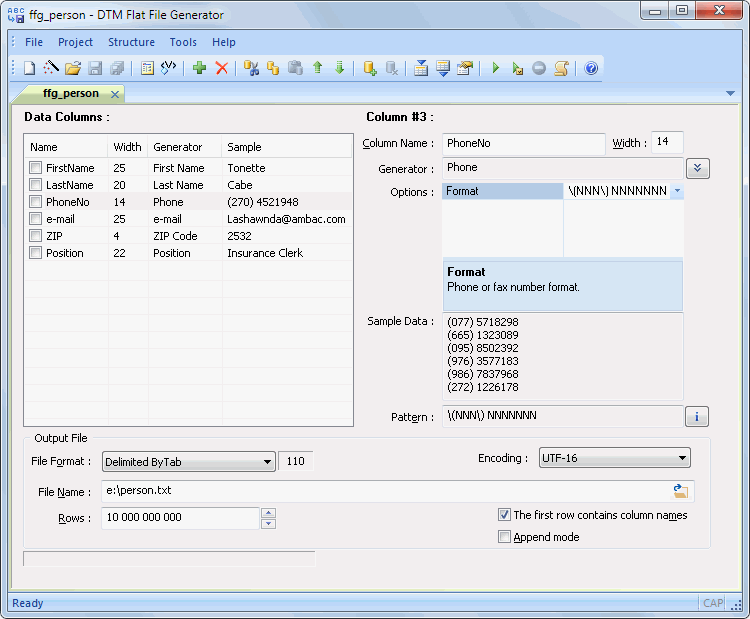 DTM Flat File Generator: main window