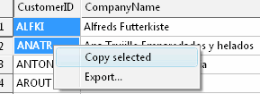 DTM Flat File Generator, SQL console: context menu for result set