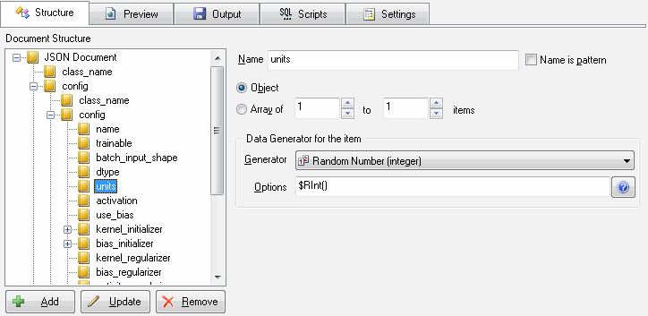 DTM Data Generator for JSON: Structure and data generation properties