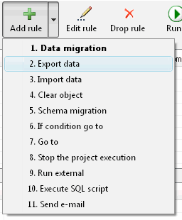 DTM Migration Kit: 'add rule' drop down menu