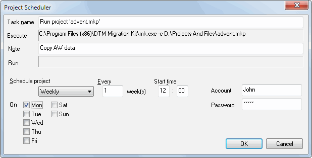 DTM Migration Kit: schedule options window