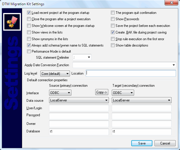 DTM Migration Kit: settings window