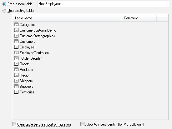 DTM Migration Kit: target table selection