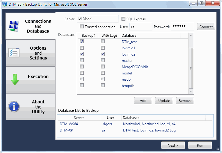 DTM Bulk Backup Utility: connections and databases page