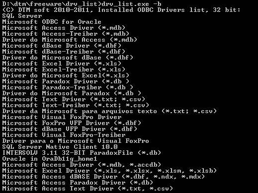 DTM ODBC Driver List sample output