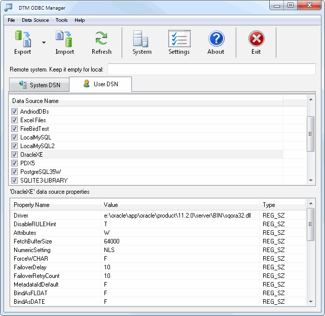 DTM ODBC manager main window